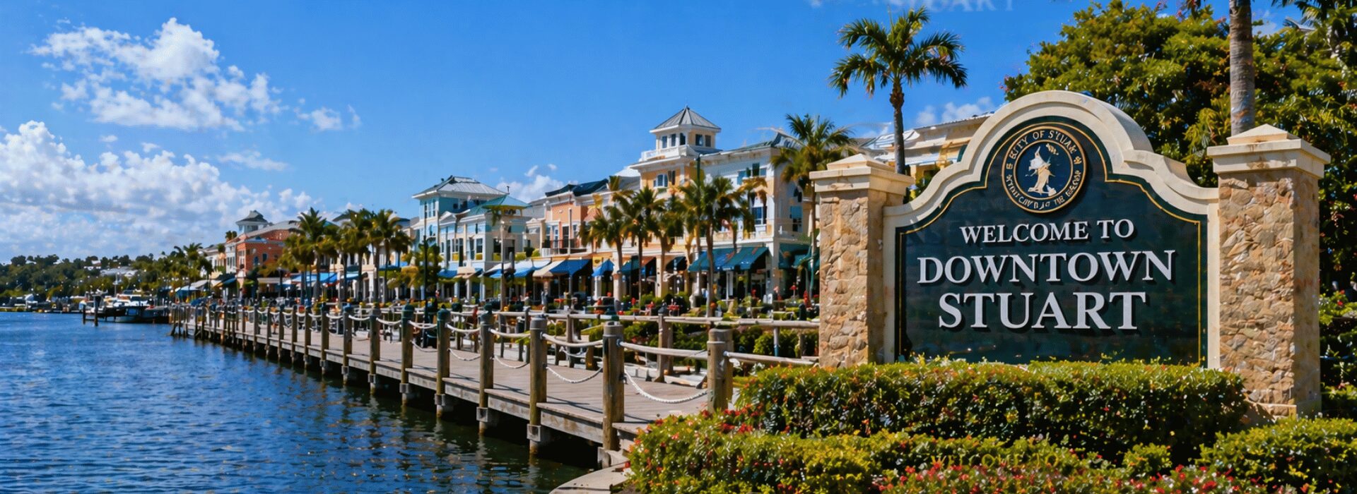 Welcome sign reading 'Downtown Stuart' beside a palm-lined waterfront boardwalk on a sunny day.