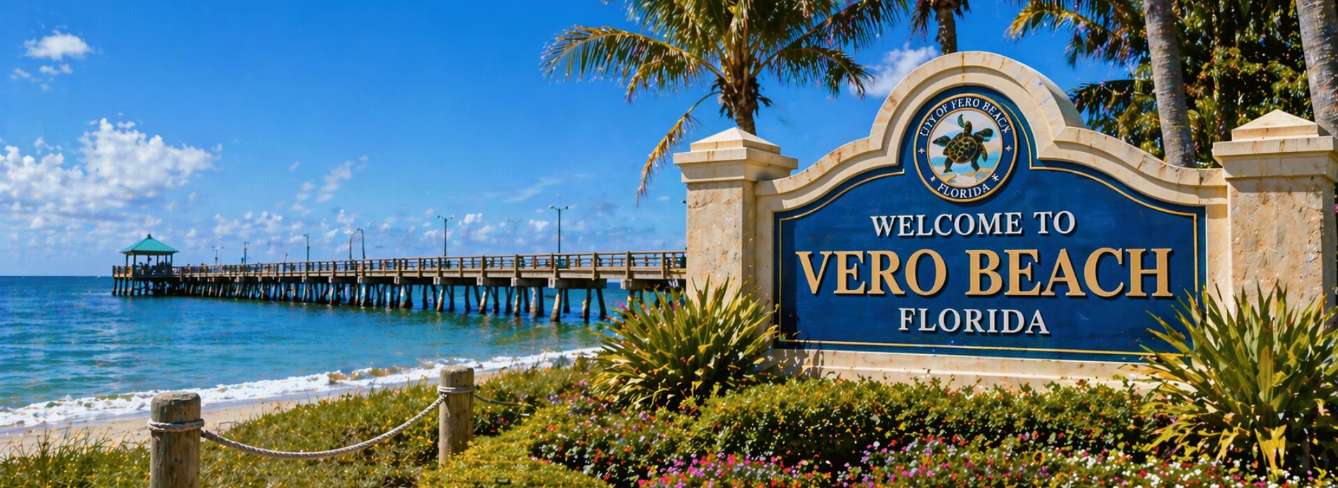 Welcome to Vero Beach, Florida sign with palm trees, sandy beach, and a wooden pier over blue water in bright sunshine.